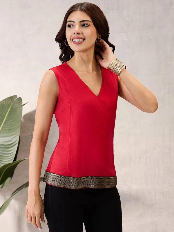 Cherry_Red_Sleeveless_Wrap_Top_with_Geometric_Border