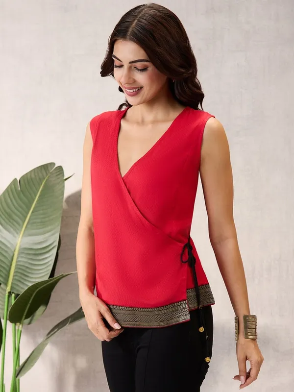 Cherry_Red_Sleeveless_Wrap_Top_with_Geometric_Border