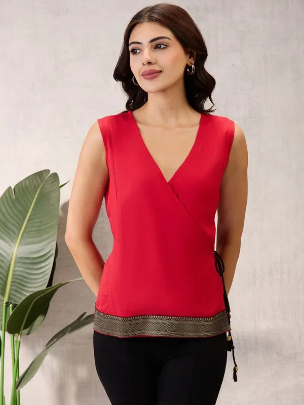 Cherry_Red_Sleeveless_Wrap_Top_with_Geometric_Border