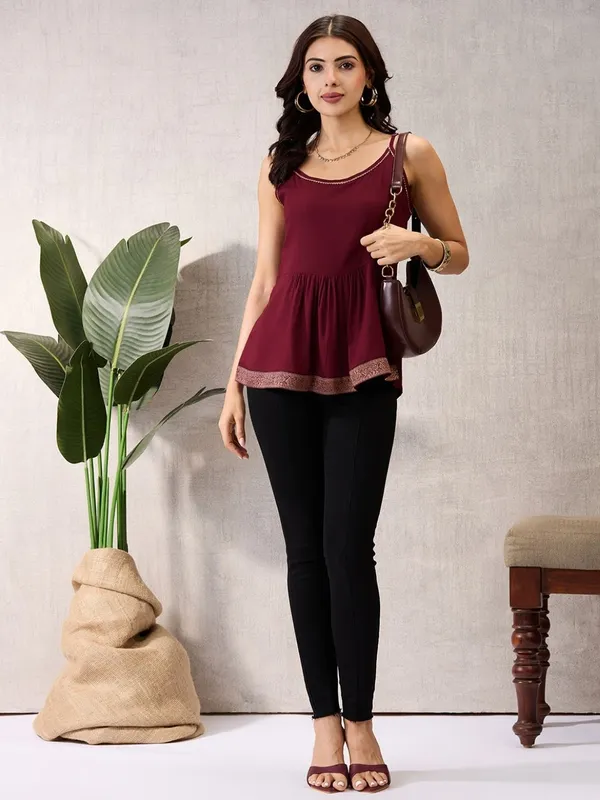 Wine_Sleeveless_Peplum_Top_with_Lace_Border