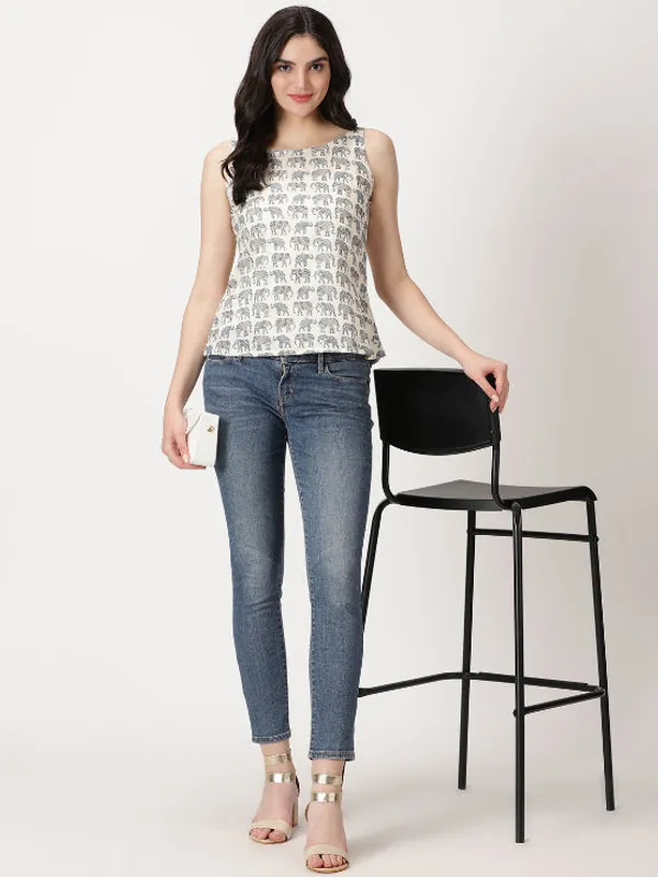 White_Sanganeri_Elephant__Print_Cotton_Tank_Top