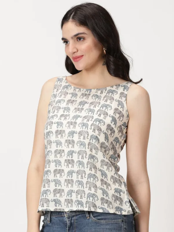 White_Sanganeri_Elephant__Print_Cotton_Tank_Top