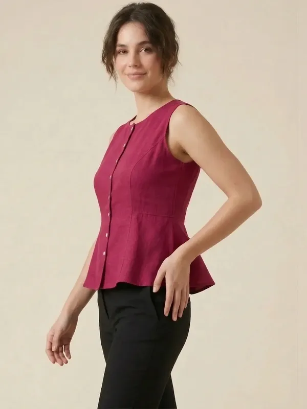 Fuschia_Cotton_Flax_Panelled_A-Line_Top_with_Button-Down_Placket