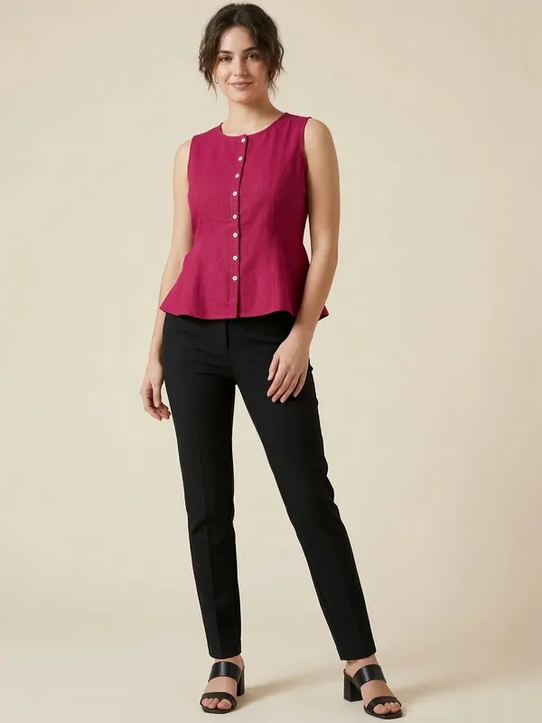 Fuschia_Cotton_Flax_Panelled_A-Line_Top_with_Button-Down_Placket