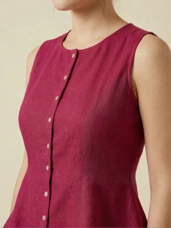 Fuschia_Cotton_Flax_Panelled_A-Line_Top_with_Button-Down_Placket