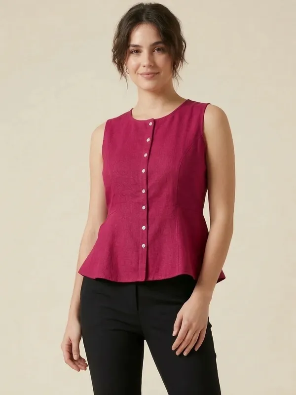 Fuschia_Cotton_Flax_Panelled_A-Line_Top_with_Button-Down_Placket