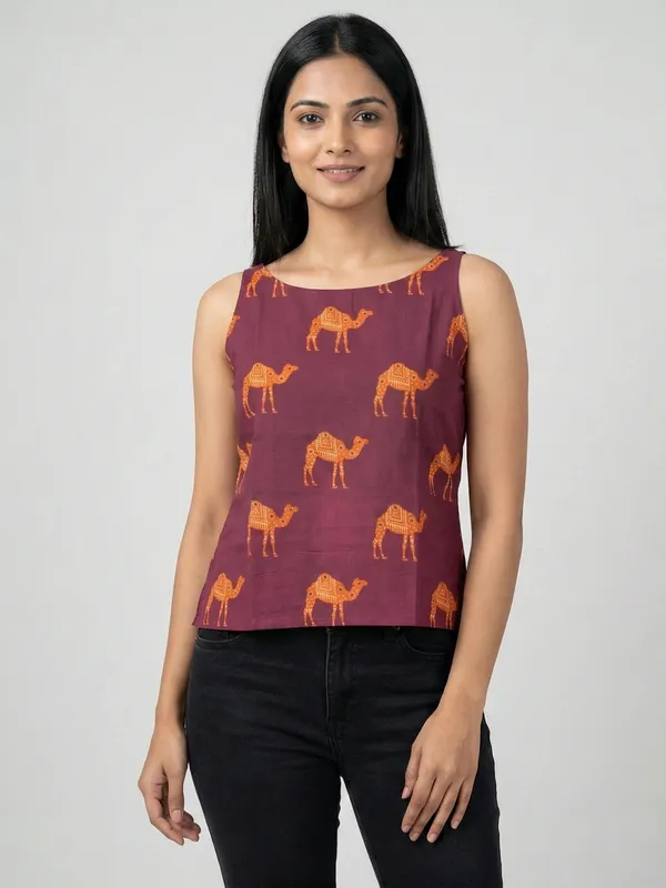 Wine_Sanganeri_Camel_Print_Cotton_Tank_Top