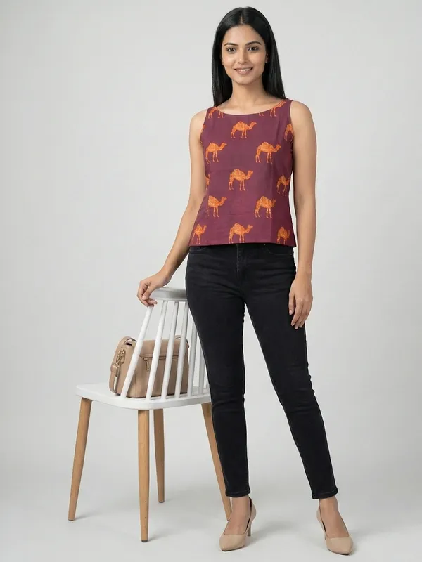Wine_Sanganeri_Camel_Print_Cotton_Tank_Top