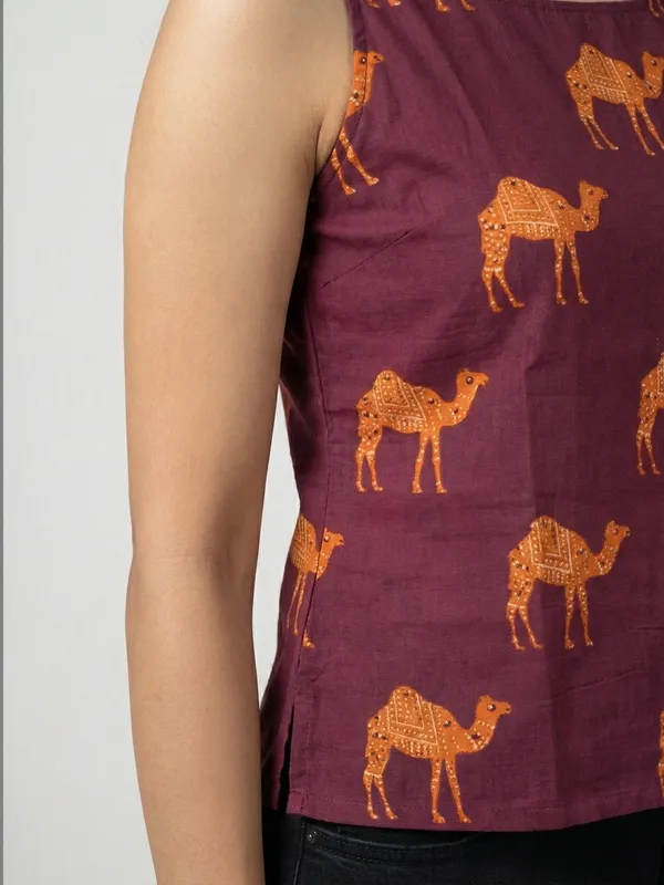 Wine_Sanganeri_Camel_Print_Cotton_Tank_Top