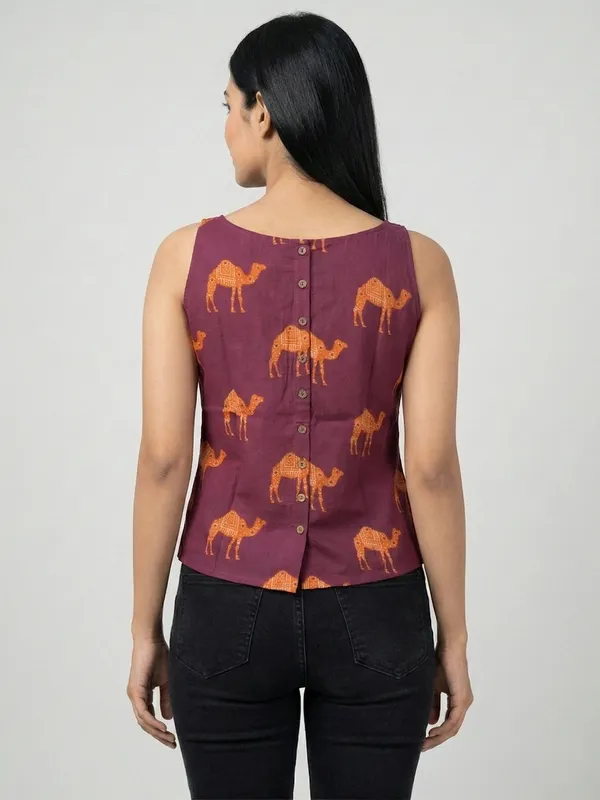Wine_Sanganeri_Camel_Print_Cotton_Tank_Top