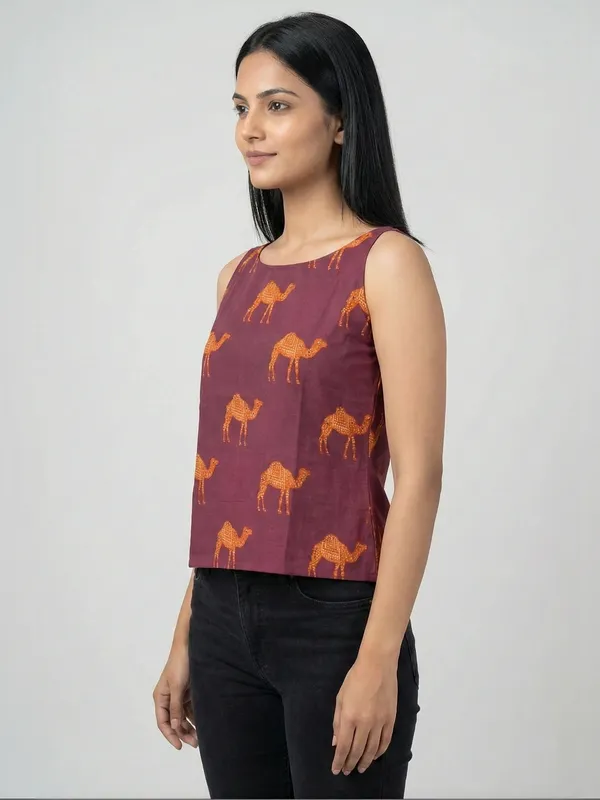 Wine_Sanganeri_Camel_Print_Cotton_Tank_Top