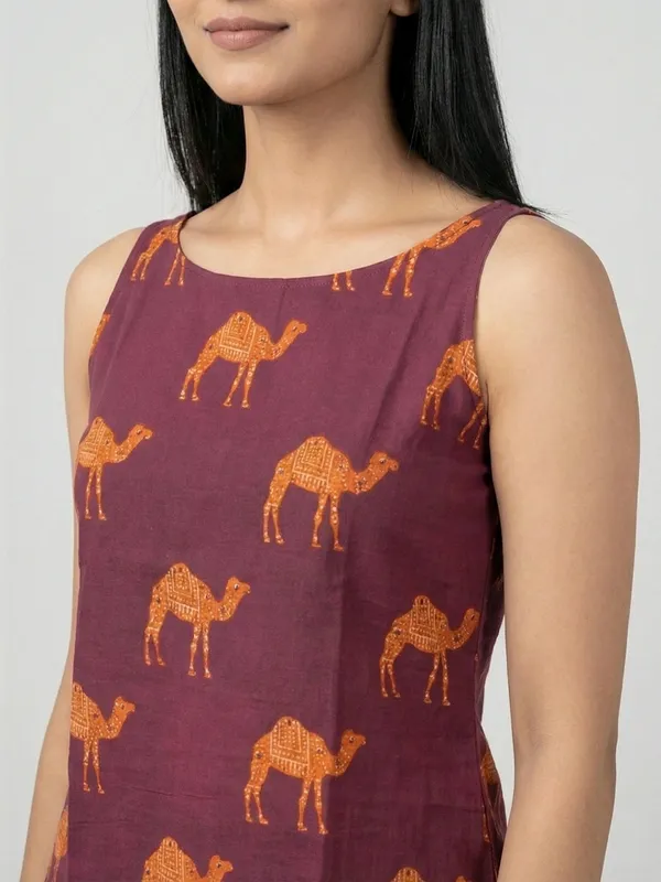 Wine_Sanganeri_Camel_Print_Cotton_Tank_Top
