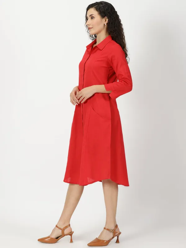 Red_Solid_Midi_Shirt_Dress_with_pockets