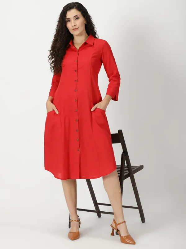 Red_Solid_Midi_Shirt_Dress_with_pockets