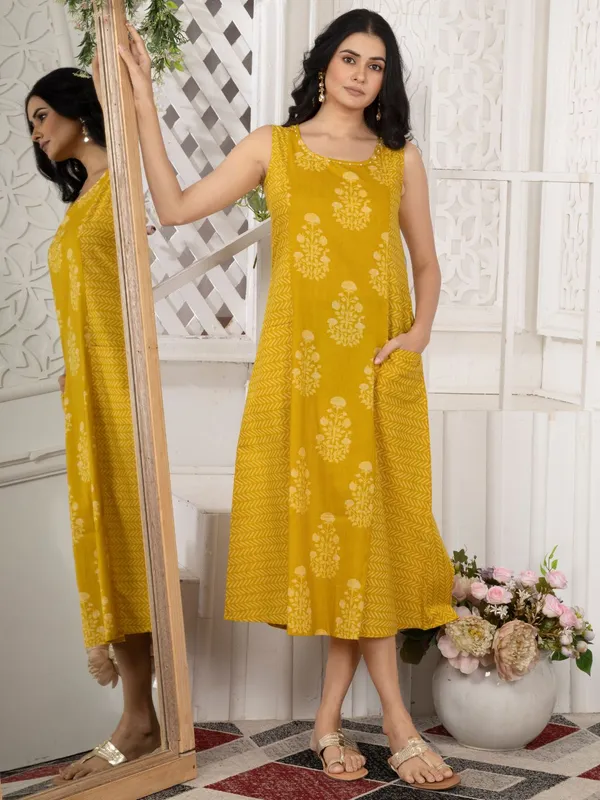 Ochre_Yellow_Cotton_Sleeveless_Dress_with_Front_Pockets