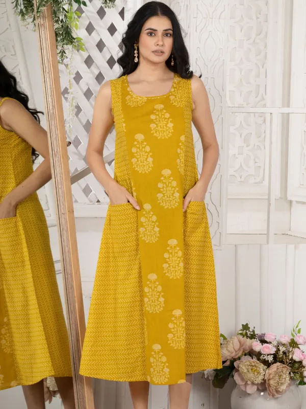 Ochre_Yellow_Cotton_Sleeveless_Dress_with_Front_Pockets