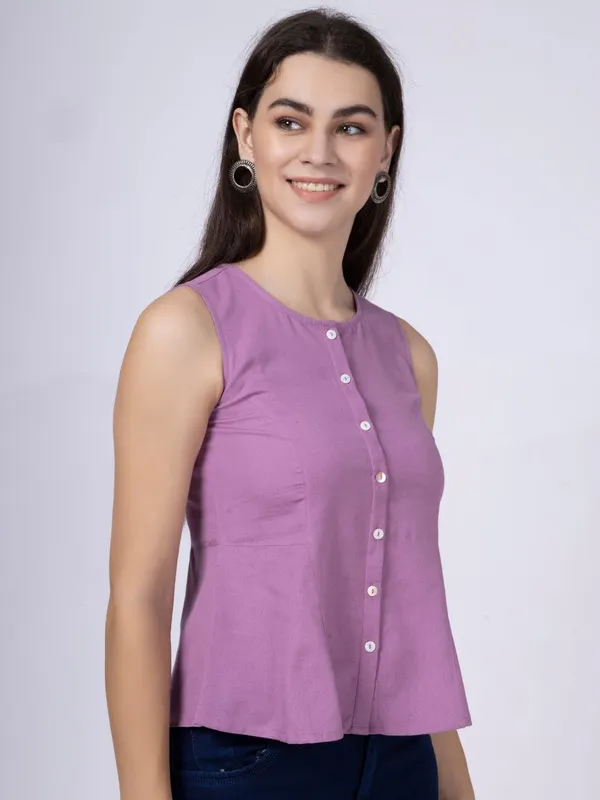 Mauve_Cotton_Flax_Panelled_A-Line_Top_with_Button-Down_Placket