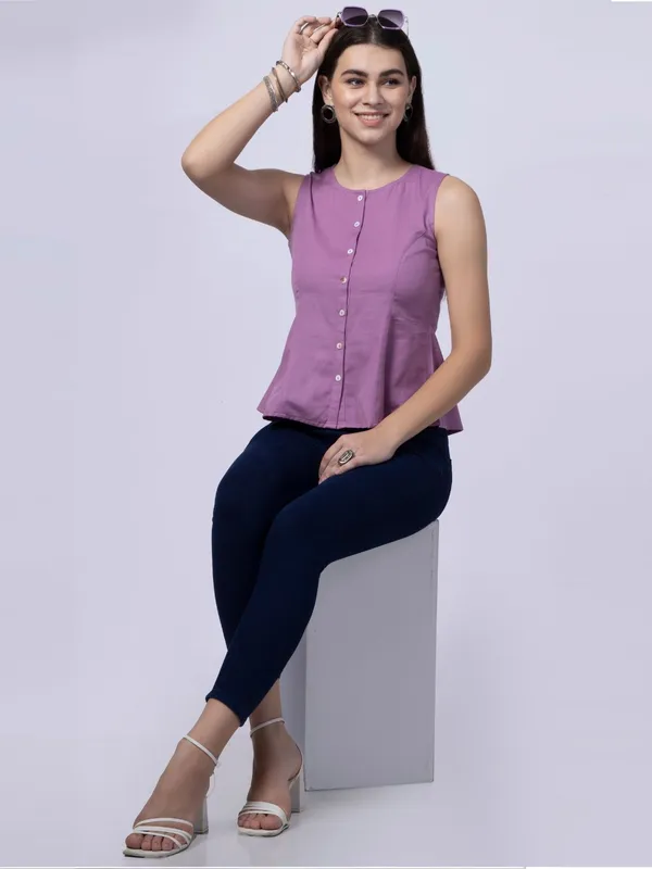 Mauve_Cotton_Flax_Panelled_A-Line_Top_with_Button-Down_Placket