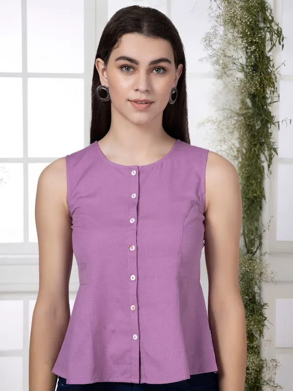 Mauve_Cotton_Flax_Panelled_A-Line_Top_with_Button-Down_Placket