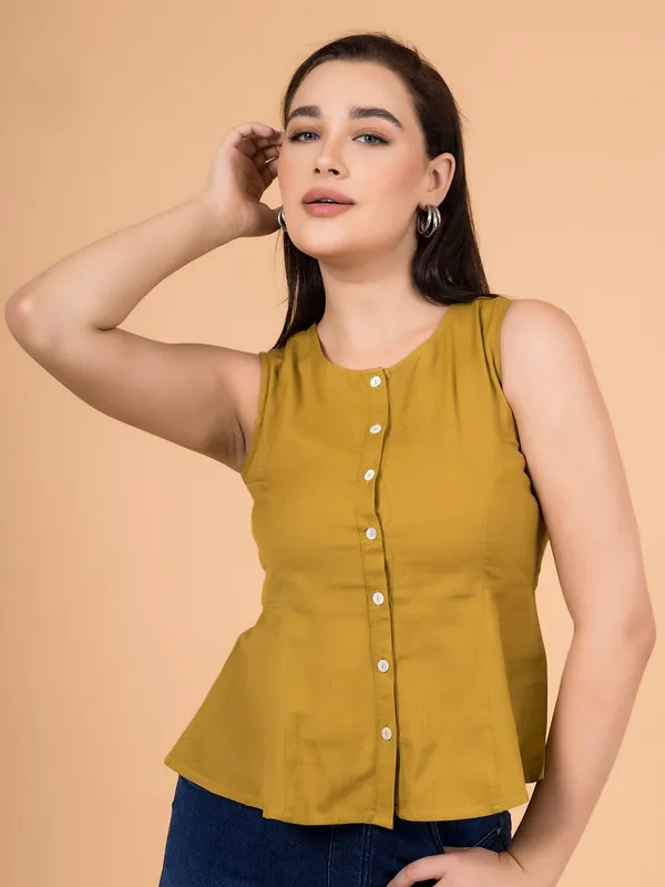 Alpine_Mustard_Solid_Button-Down_Peplum_Top