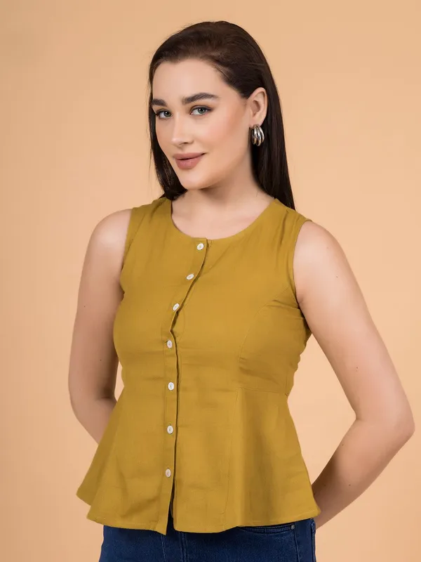 Alpine_Mustard_Solid_Button-Down_Peplum_Top