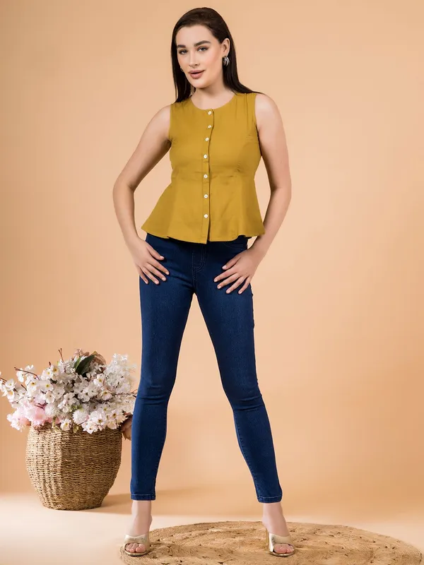 Alpine_Mustard_Solid_Button-Down_Peplum_Top