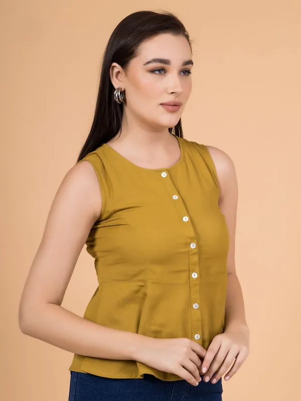 Alpine_Mustard_Solid_Button-Down_Peplum_Top