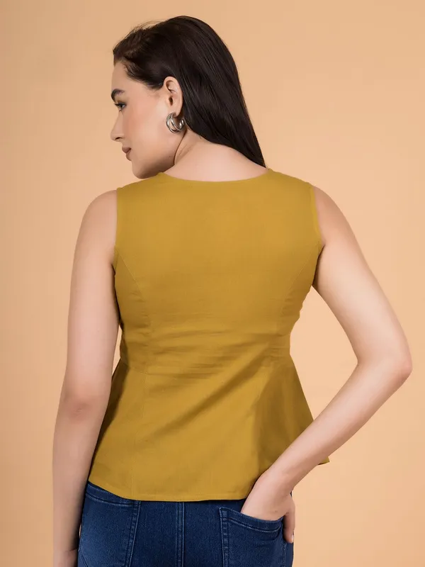 Alpine_Mustard_Solid_Button-Down_Peplum_Top