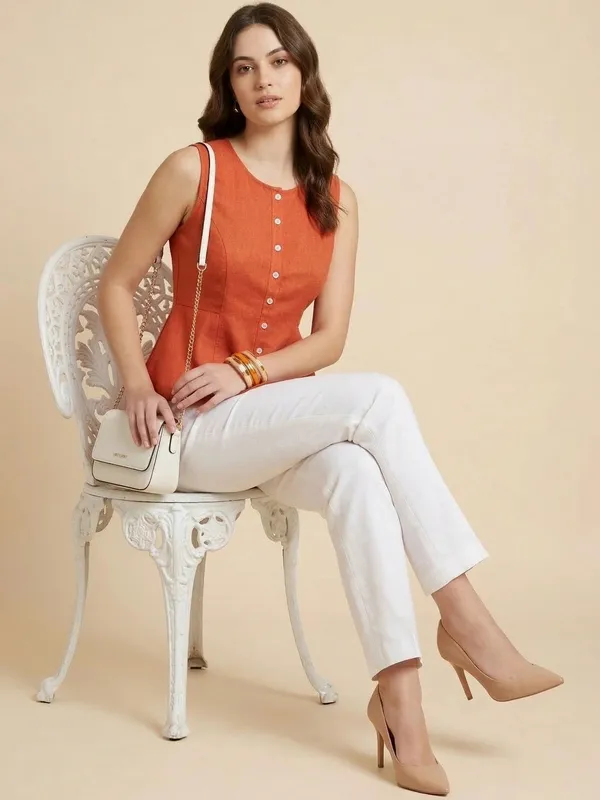 Rust_Cotton_Flax_Panelled_A-Line_Top_with_Button-Down_Placket