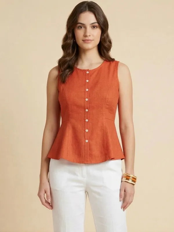 Rust_Cotton_Flax_Panelled_A-Line_Top_with_Button-Down_Placket