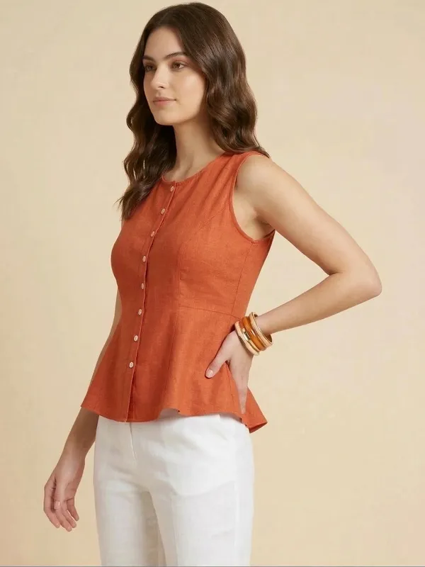 Rust_Cotton_Flax_Panelled_A-Line_Top_with_Button-Down_Placket