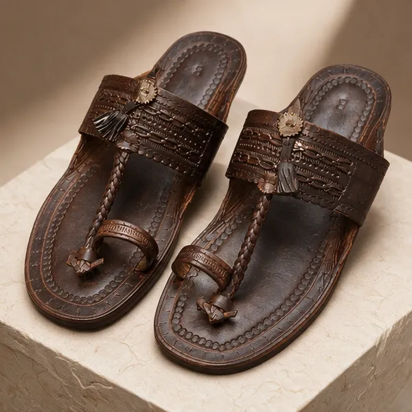 Brown_Textured_Traditional_Toe_Loop_Sandals_For_Men