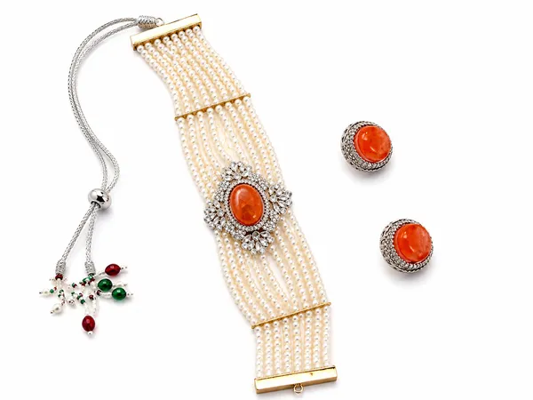 Orange_Stone_Pearl_Bracelet_And_Earrings_Set_For_Women
