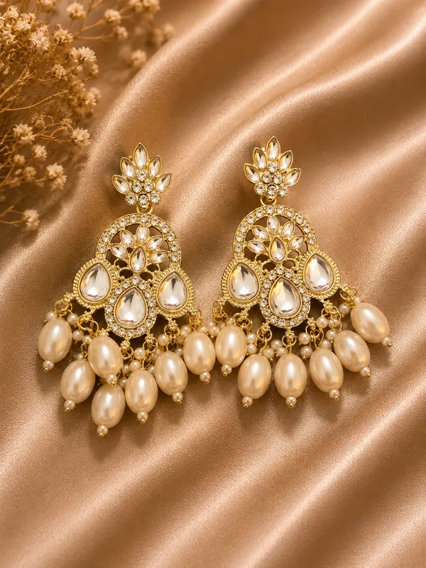 Gold_Steel_Floral_Pearl_Embellished_Chandelier_Earrings_For_Women