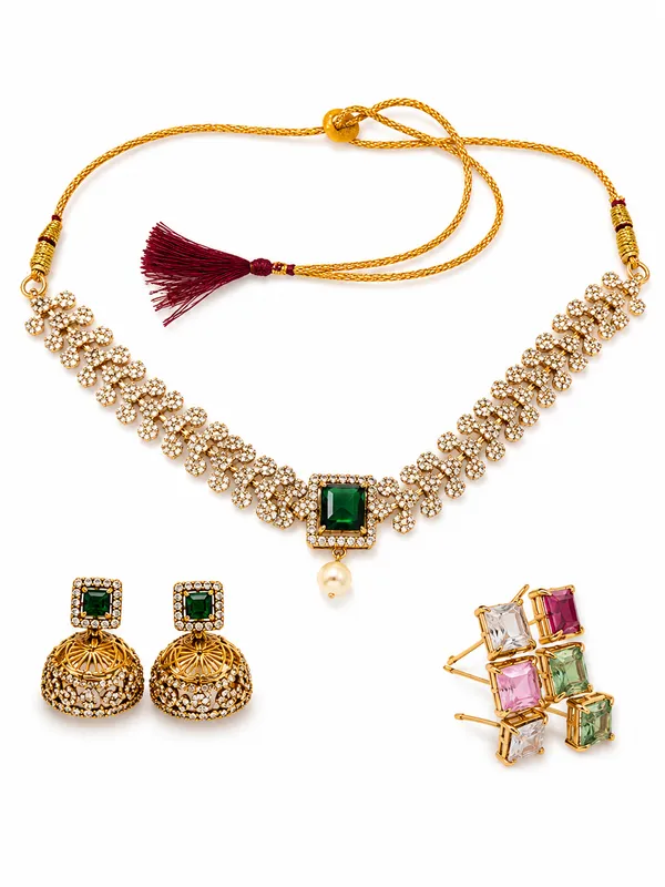 Gold_Tone_Green_Stone_Necklace_Earring_Ring_Set_For_Women