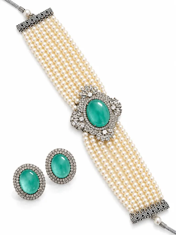 Green_Stone_Pearl_Multi_Strand_Necklace_Set_For_Women