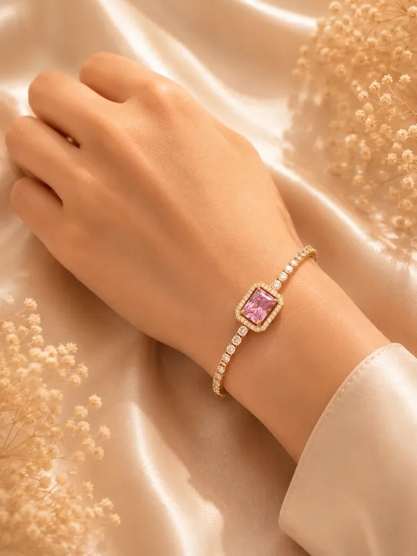 Pink_Anti_Tarnish_Stone_Gold_Tone_Bracelet_For_Women
