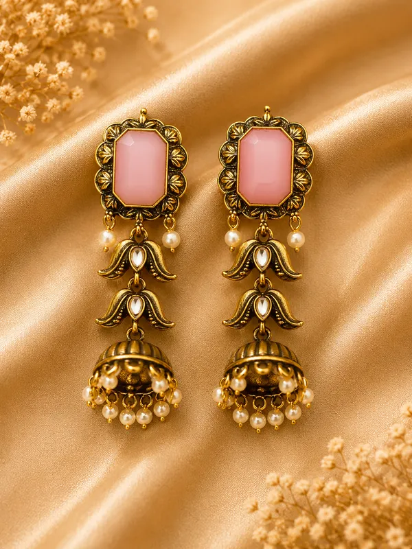 Gold_Alloy_Pink_Stone_Jhumka_Earrings_For_Women