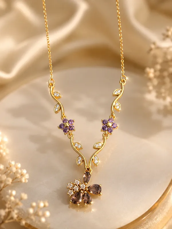 Gold_Anti_Tarnish_Purple_Stone_Floral_Pendant_Necklace_For_Women