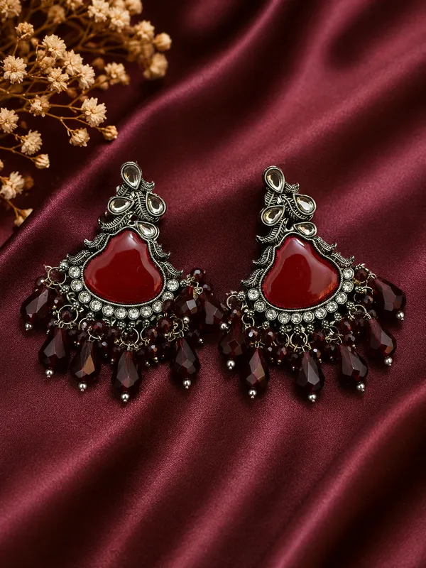 Red_Stone_Oxidized_Alloy_Drop_Earrings_For_Women