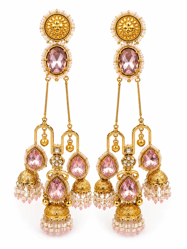 Gold_Alloy_Pink_Stone_Jhumka_Earrings_For_Women