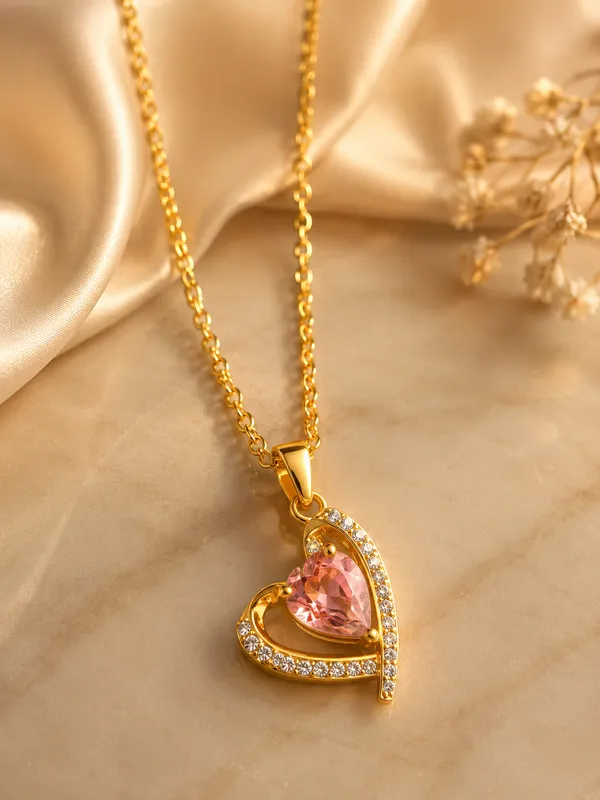 Gold_Anti_Tarnish_Heart_Pink_Stone_Pendant_Necklace_For_Women