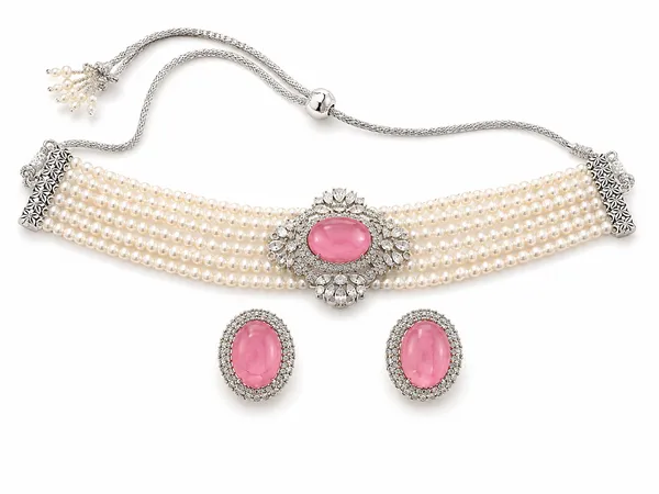 Pink_Alloy_Pearl_Multi_Strand_Choker_Necklace_Set_For_Women