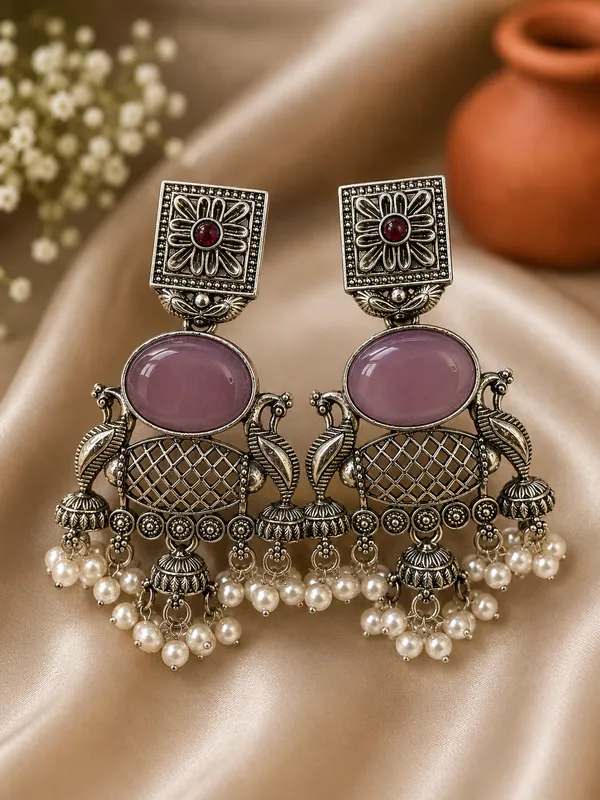 Silver_Alloy_Oxidized_Peacock_Statement_Earrings_For_Women_Pack_Of_2
