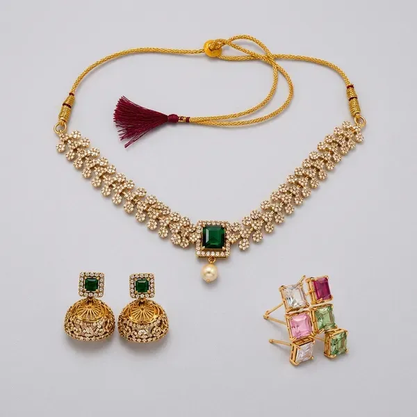 Gold_Tone_Green_Stone_Necklace_Earring_Ring_Set_For_Women