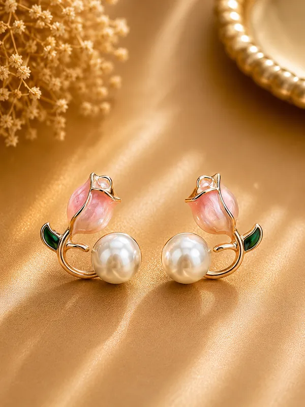 Pink_Steel_Pearl_Floral_Stud_Earrings_For_Women_Pack_Of_3
