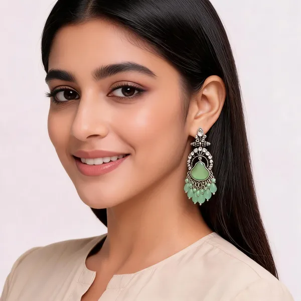 Green_Stone_Silver_Tone_Chandelier_Drop_Earrings_For_Women