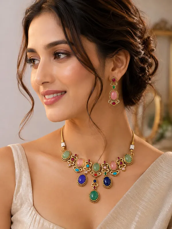 Gold_Tone_Multicolour_Stone_Necklace_Set_For_Women