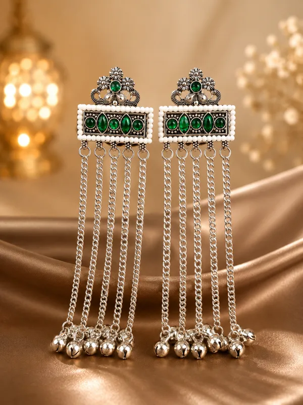 Green_Steel_Floral_Long_Drop_Earrings_For_Women