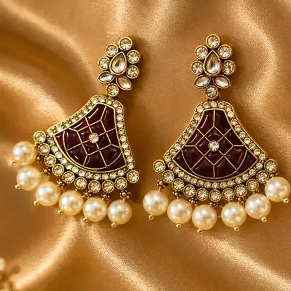 Maroon_Alloy_Pearl_Embellished_Jhumka_Earrings_For_Women